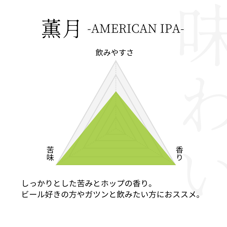 しっかりとした苦みとホップの香り。 ビール好きの方やガツンと飲みたい方におススメ。