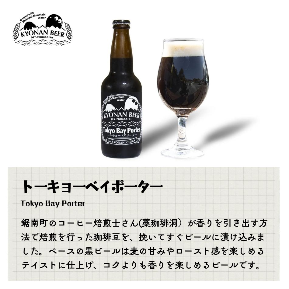 トーキョーベイポーター 鋸南町のコーヒー焙煎士さん(藁珈琲洞）が香りを引き出す方法で焙煎を行った珈琲豆を、挽いてすぐビールに漬け込みました。ベースの黒ビールは麦の甘みやロースト感を楽しめるテイストに仕上げ、コクよりも香りを楽しめるビールです。