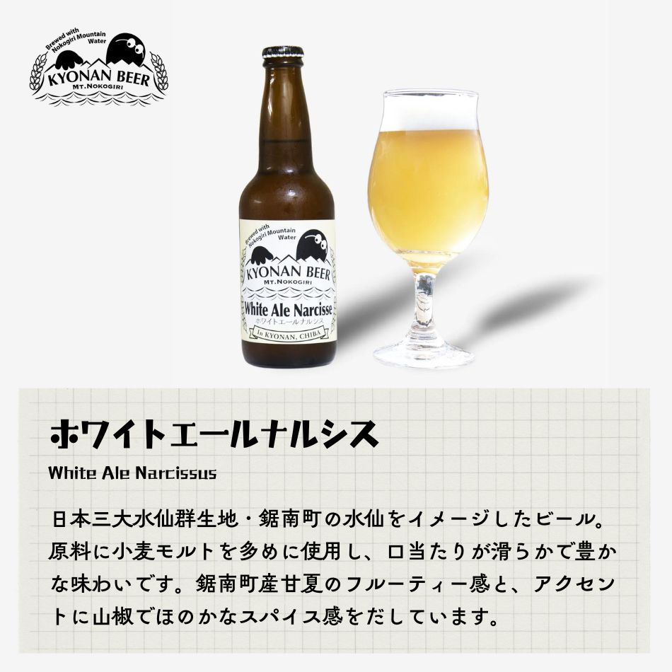 ホワイトエールナルシス 日本三大水仙群生地・鋸南町の水仙をイメージしたビール。原料に小麦モルトを多めに使用し、口当たりが滑らかで豊かな味わいです。鋸南町産甘夏のフルーティー感と、アクセントに山椒でほのかなスパイス感をだしています。